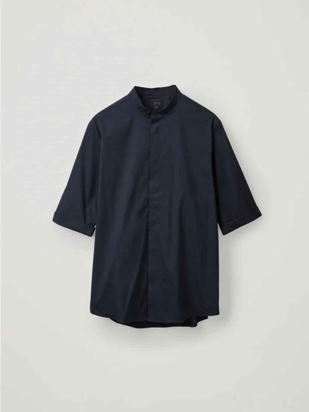 COS Navy Blue Grandad Collar Shirt Cotton Poplin Band Mandarin Collar Top Sz L - Picture 3 of 12